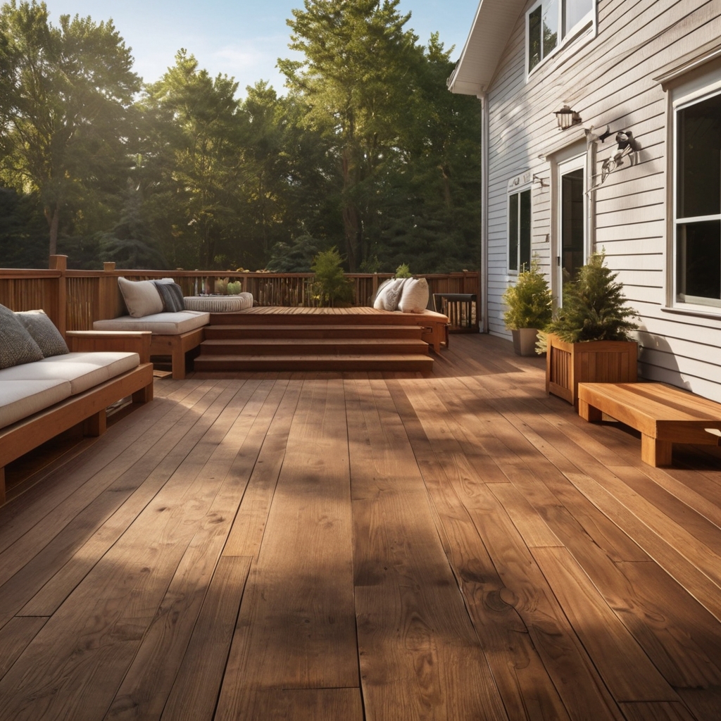 Newly stained wood deck with warm brown finish, integrated steps, and modern seating against a white siding home in a suburban backyard.