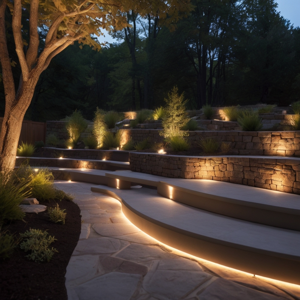 Curved stone walkway with integrated landscape lighting and tiered retaining walls, illuminated at dusk in a residential backyard.