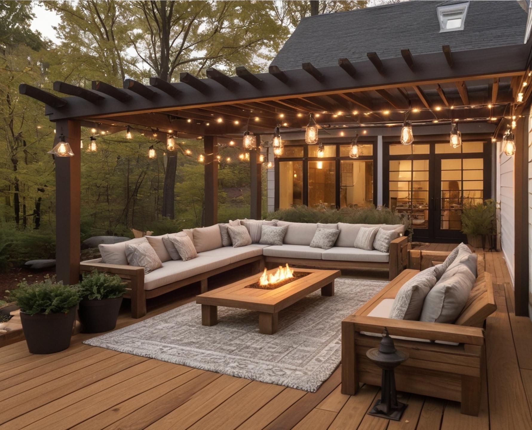 Custom wood deck with pergola roof and cozy outdoor seating area featuring a fire pit and string lights