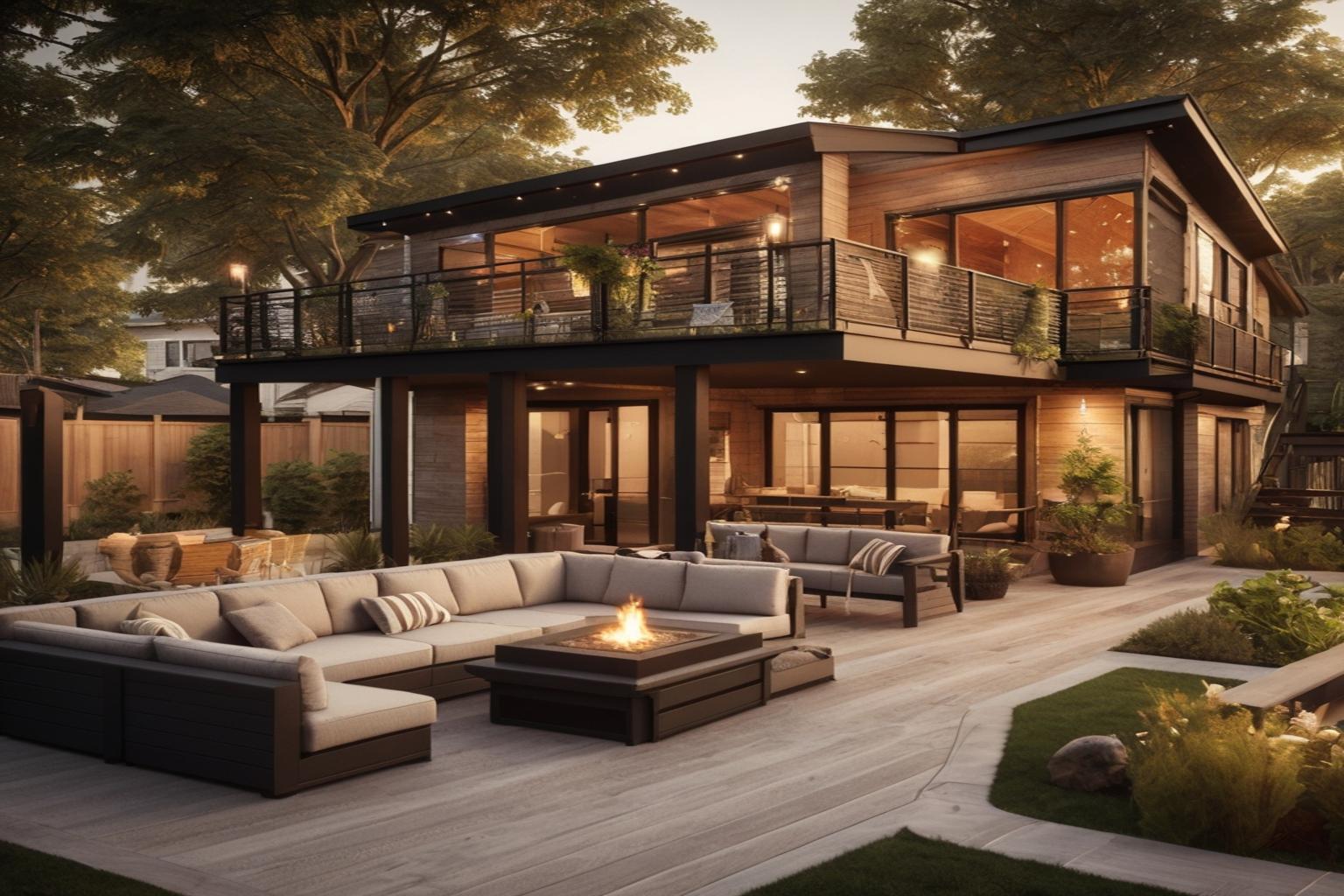 Modern custom deck with a built-in fire pit, premium composite materials, and luxurious outdoor furniture in a two-story residential backyard setting