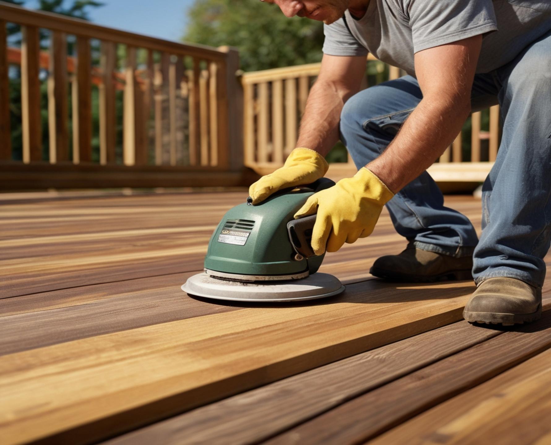 Contractor refinishing a wood deck using a power sander for surface restoration and sealing