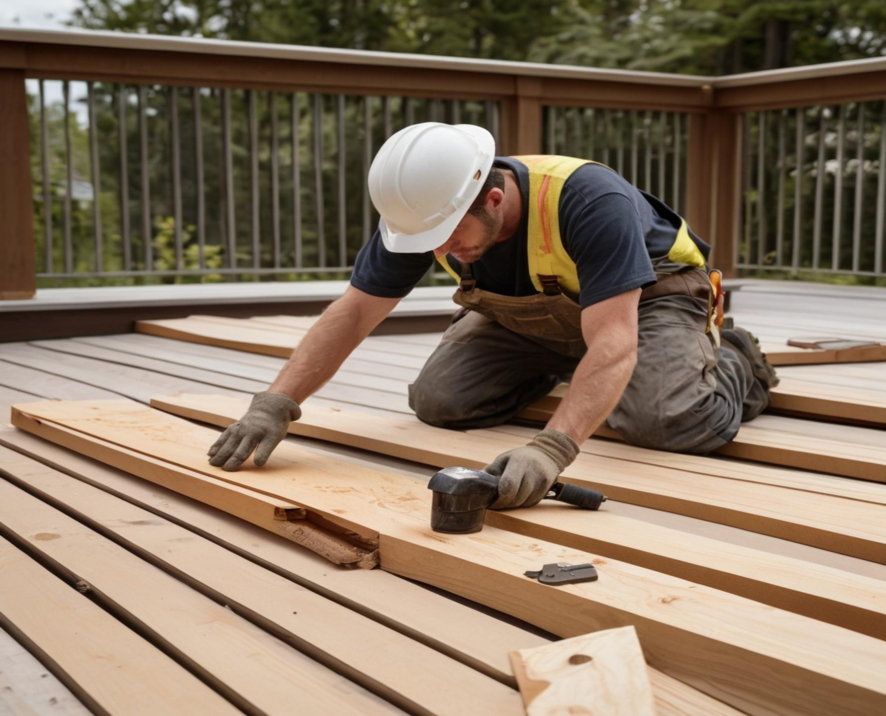 Deck repair specialist replacing damaged wood planks on an outdoor deck to restore structural integrity and safety