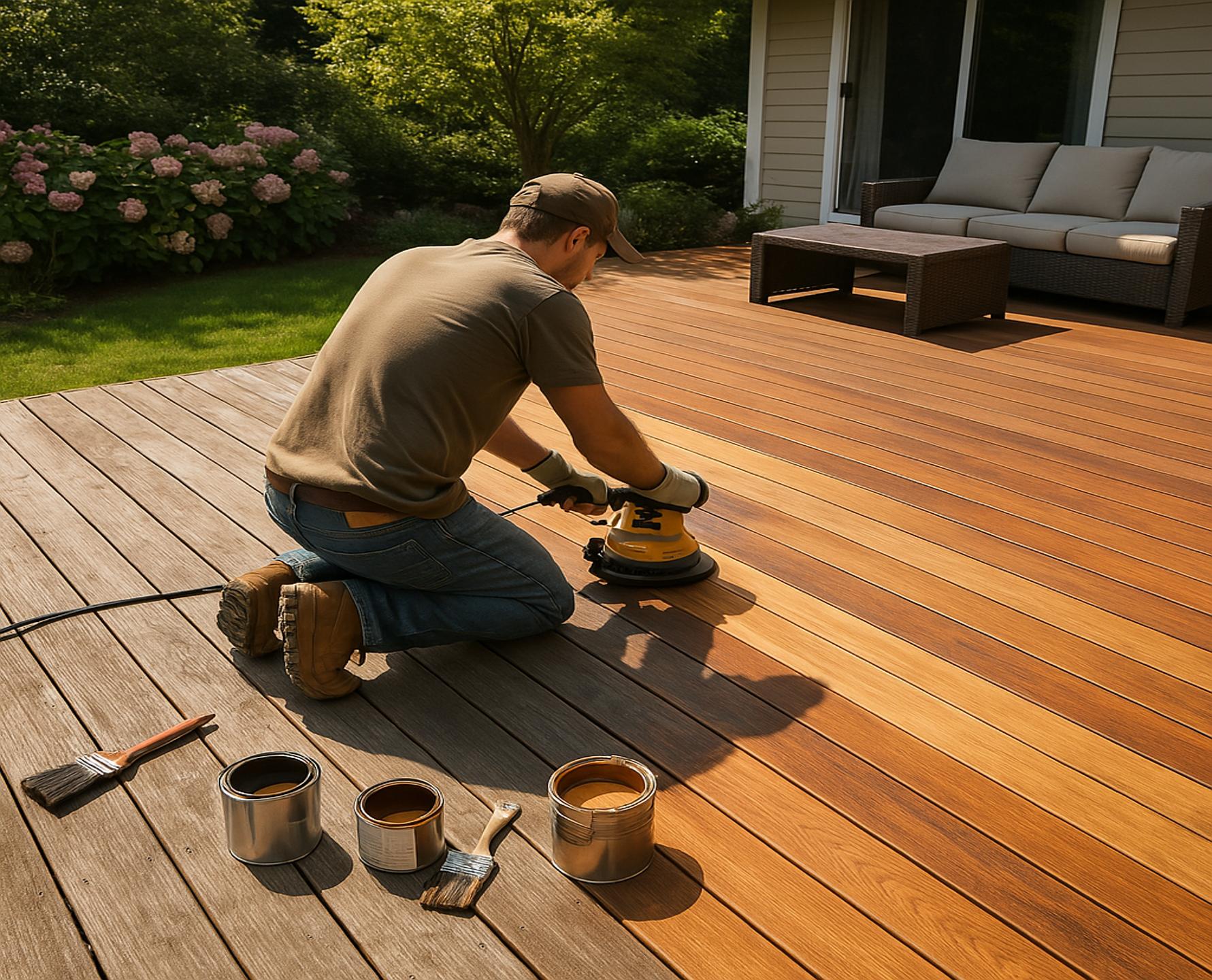 Worker refinishing a residential wood deck, sanding the surface under natural sunlight with visible contrast between old and restored planks