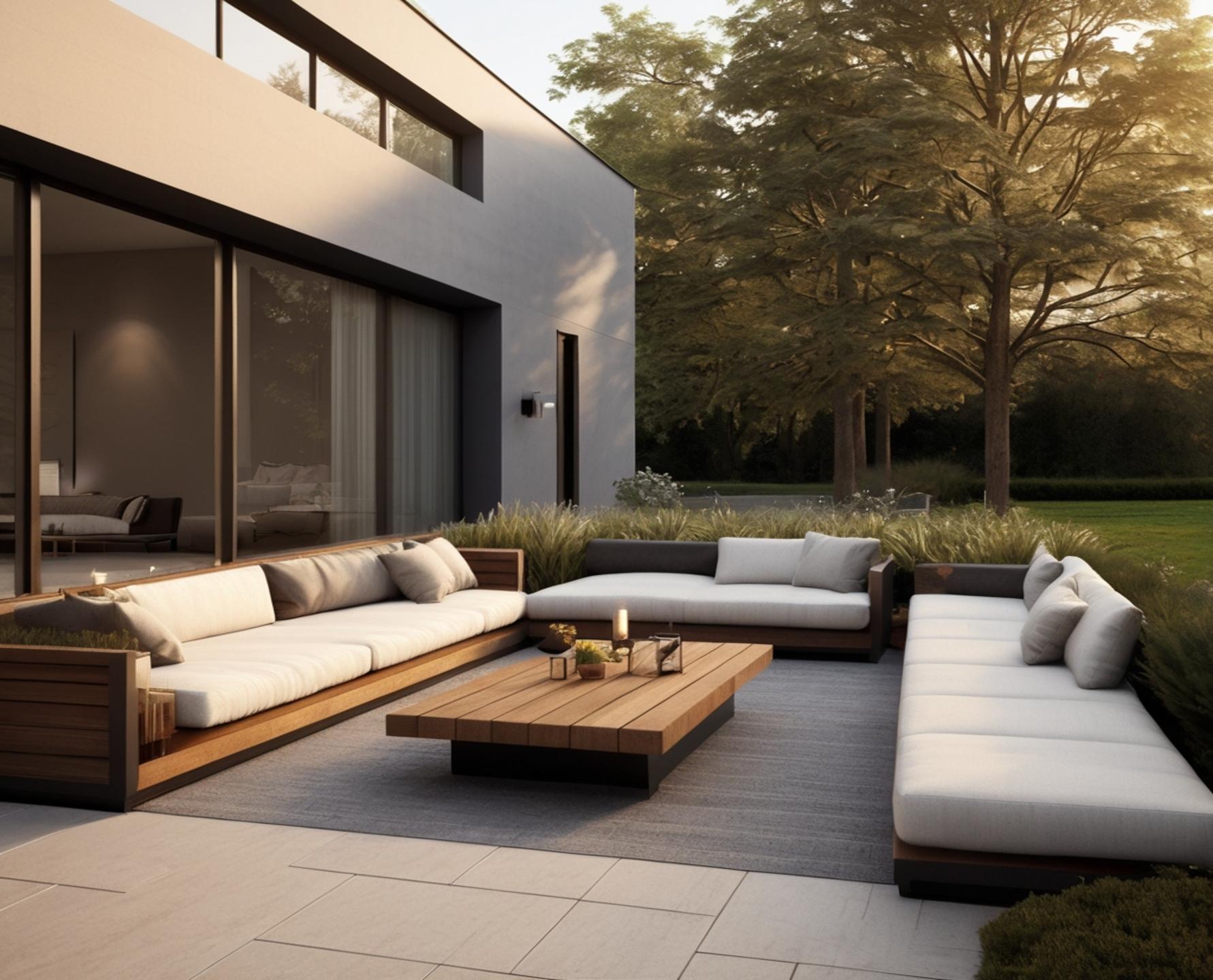 Modern outdoor deck with contemporary furniture and clean lines, blending natural wood with sleek minimalist design
