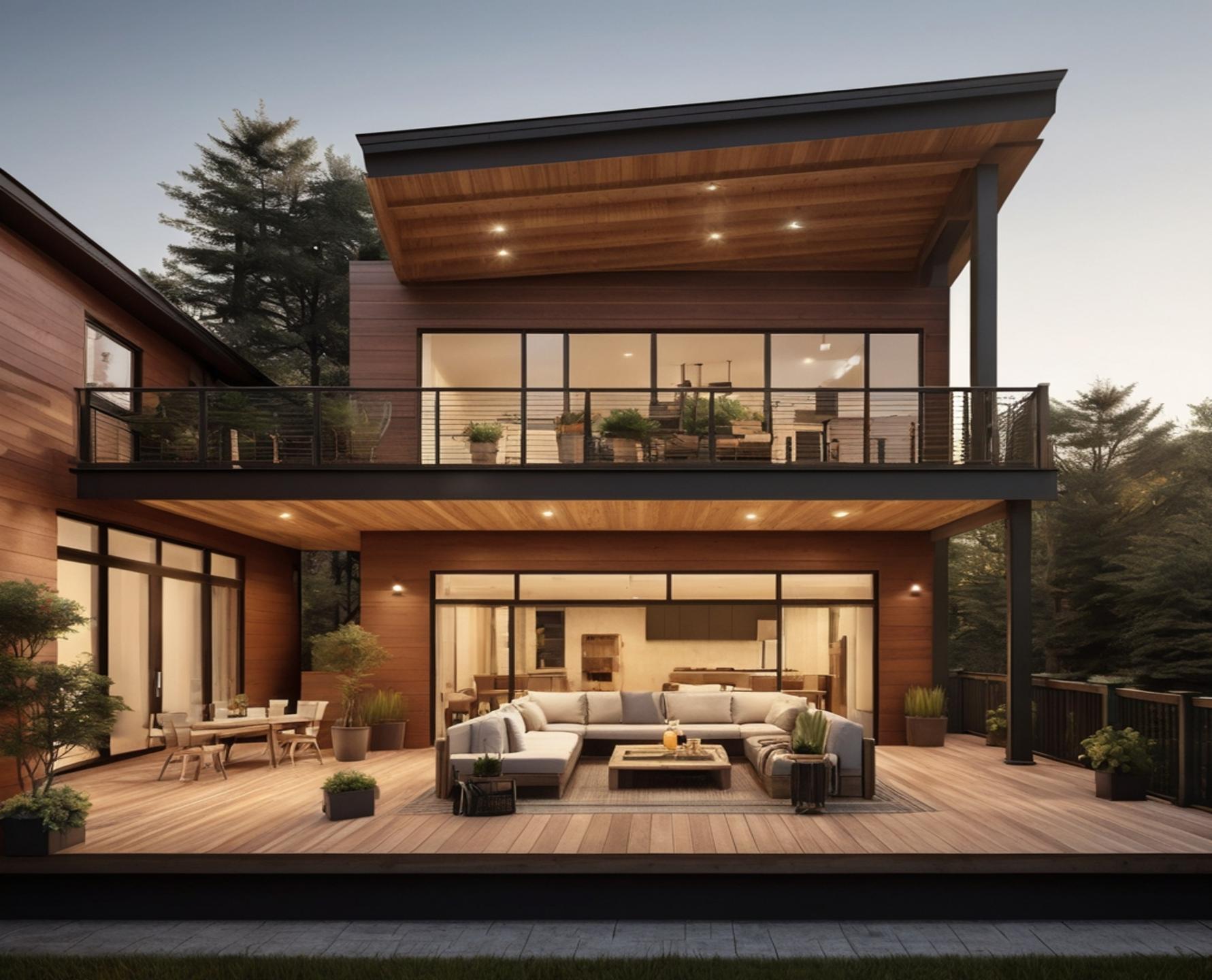 Modern two-story home with multi-level and wrap-around wooden deck featuring outdoor seating and dining area, surrounded by greenery