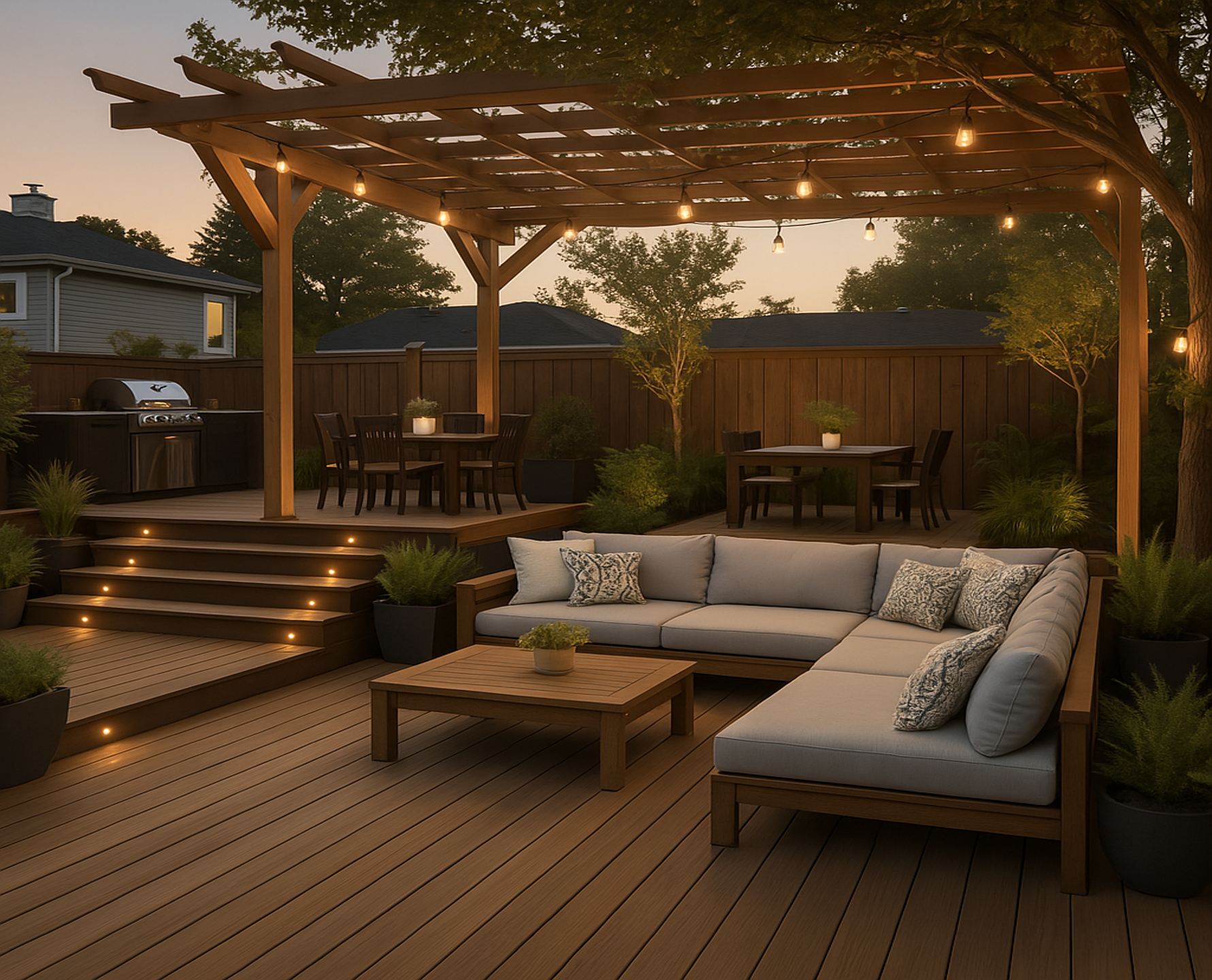 Multi-level outdoor deck with grilling area, dining zones, and cozy lounge seating under a wooden pergola