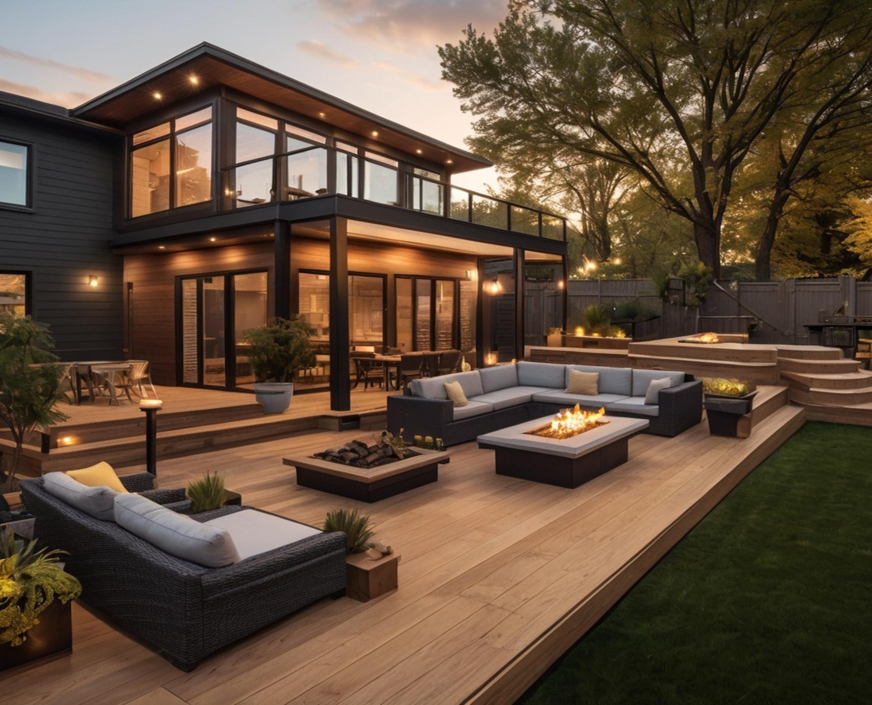 Luxury multi-level deck with fire features, built-in seating, and ambient lighting for extended outdoor living