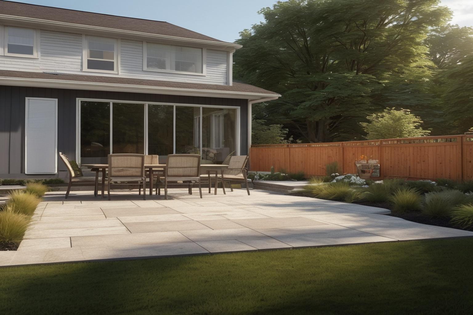 Unfinished backyard area with dirt patches and temporary patio setup, showing space before paver patio installation